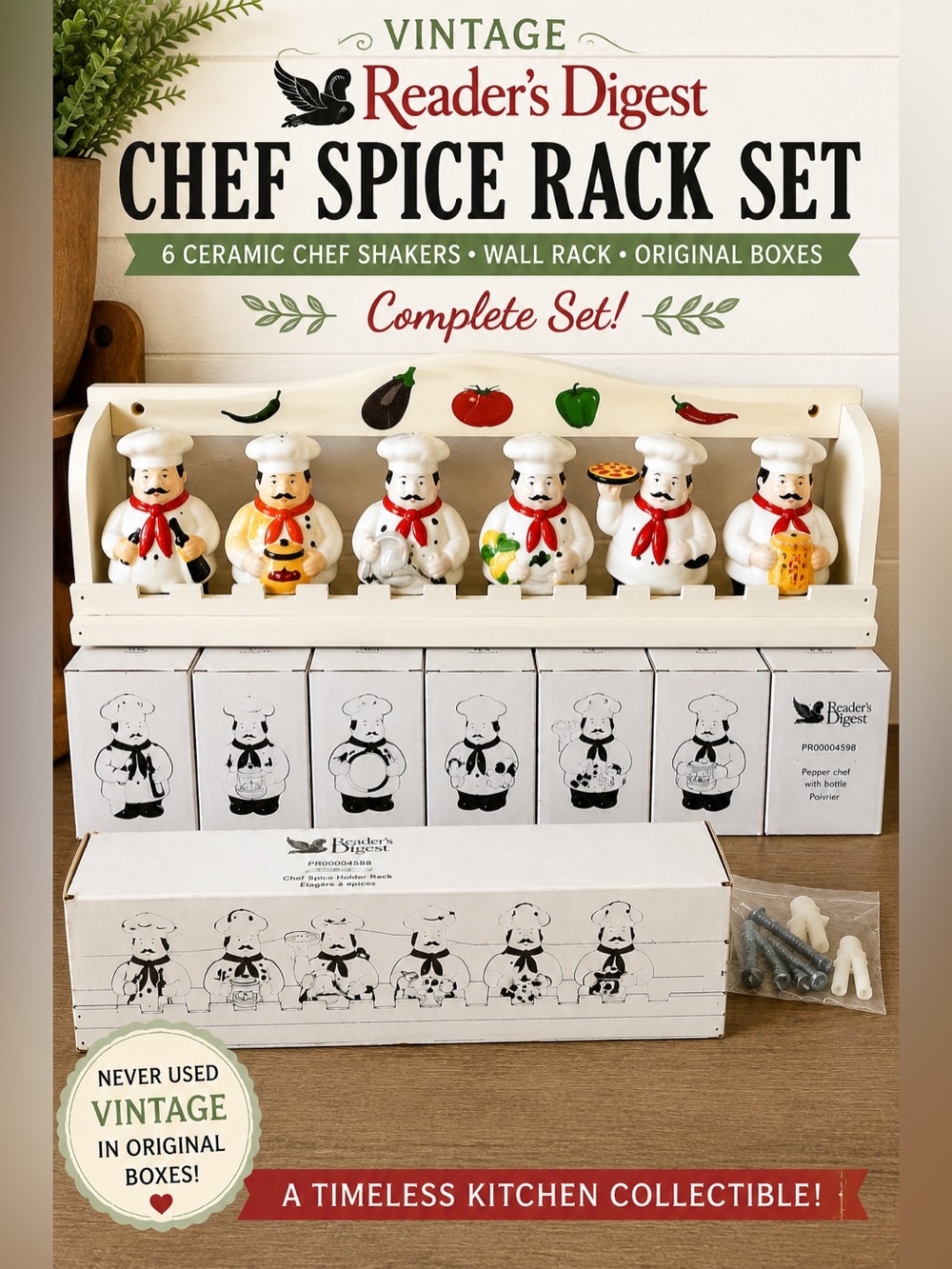Vintage Reader’s Digest Ceramic Chef Spice Rack Set 6 Shakers Wall Rack